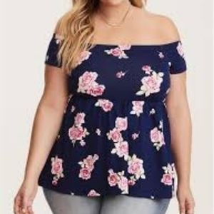 torrid Navy Floral Off-Shoulder Peplum Top with Pink Roses